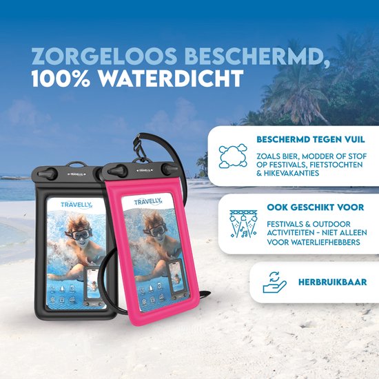 Travelly® Waterdicht Telefoonhoesje Set van 2 – Universeel Onderwater Hoesje voor Smartphone – Geschikt voor alle telefoons – Drybag – Voor Vakantie, Zwemmen & Watersport – Zwart/Roze