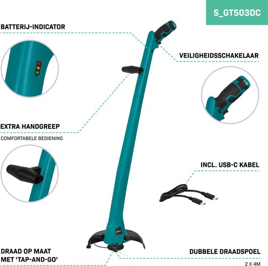 VONROC Grastrimmer 12V - Incl. Accu, usb-c kabel en draadspoel