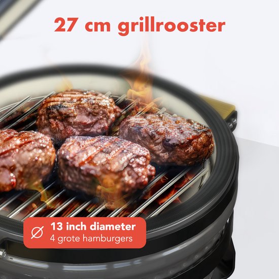 KitchenBrothers Kamado BBQ - 13 Inch Houtskool Barbecue - 27⌀ cm - PFAS-vrij - Deluxe Set - Egg BBQ met Accessoires inclusief Hoes - Grijs