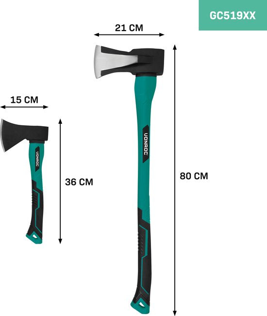 VONROC Kloofbijl en handbijl set - gehard stalen kop - glasvezel steel – 79cm – 3900gr/35cm – 950gr