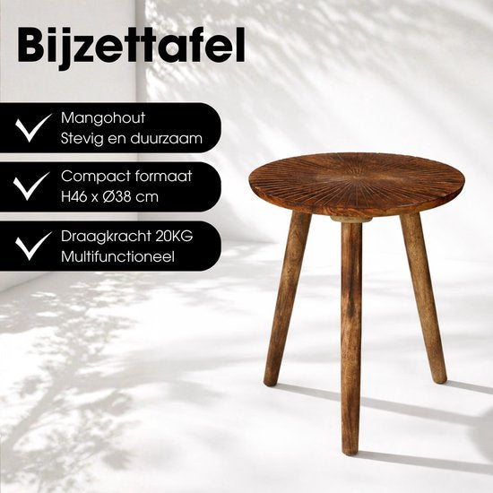 Mica Decorations Pomante Bijzettafel - Tafeltje - Koffietafel van Mangohout - Handig als Plantentafel of Plantenstandaard - Klein Salontafeltje - 46 x 38 cm - Donkerbruin