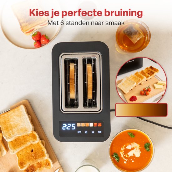 AoraKitchen Broodrooster met Tostiklemmen - 900W - 6 Warmteniveaus - Led Scherm - Toaster - met Timerfuncties - Tosti Apparaat - Zwart