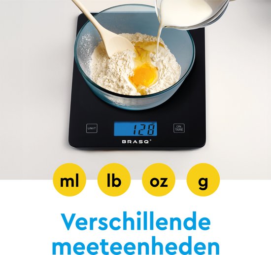 BRASQ Digitale keukenweegschaal Zwart - Inclusief batterijen - Weegschaal Keuken met Tarra-functie - Weegvermogen 10 KG - Precisie Weegschaal
