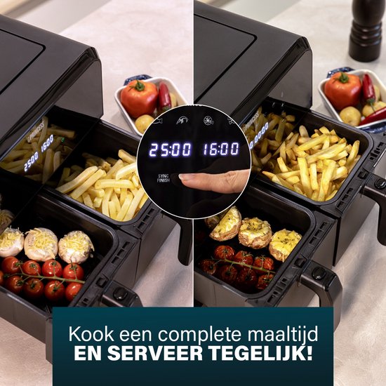Princess Double Basket Airfryer 182068 - Dubbele heteluchtfriteuse - 2 manden x 4 liter - 8 voorgeprogrammeerde programma’s - Touchscreen - Zwart