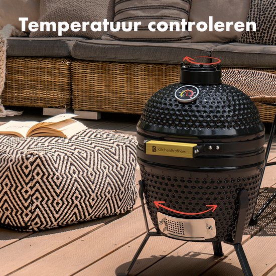 KitchenBrothers Kamado BBQ - Houtskool - 13inch - PFAS-vrij - Ø27cm - Zwart