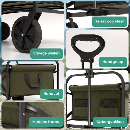 Avalo Bolderkar Opvouwbaar - Tot 90KG draagvermogen - 80L - 80x47x49 CM - 360º Wielen - Bolderwagen / Bolderkarren / Strandkar / Trekkar / Plooibare Bolderkar - Voor Strand - Groen