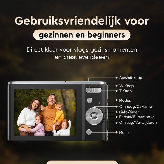 K&L Digitale Camera 4K - 64MP - Fototoestel - Compact Camera - Vlog Camera - Voor Kinderen - Inclusief 64GB - NL Software