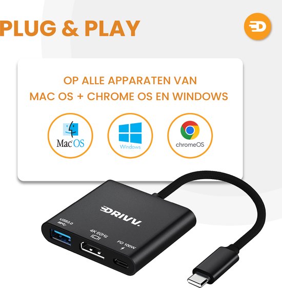 Drivv. USB C naar HDMI Adapter 3 in 1 - HDMI 4K 60hz - USB 3.0 - PDW 100w - Zwart