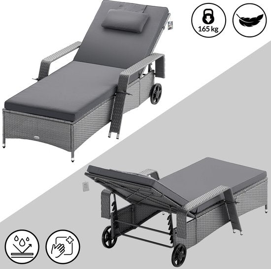 Casaria Polyrattan Ligstoel – Incl. Kussen 160 Kg – Grijs Antraciet