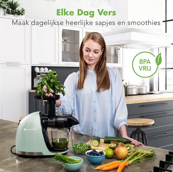 KitchenBrothers Slowjuicer - Juicer - Groenten en Fruitpers - 700ml - Met Pulpreservoir - Juice Maker - Moederdag Cadeautje - Pastel Groen