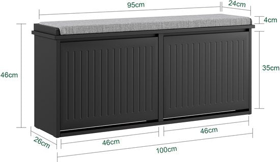 SoBuy Schoenenbank met Gevoerd Kussen - Schoenenkast met 2 Kleppen - Opbergkast voor schoenen - Zwart, 100x26x46 cm, FSR98-XL-SCH