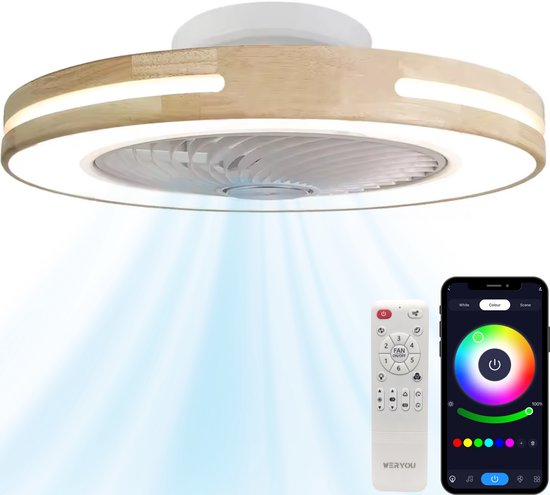 WERYOU® illuminAIR Plafondventilator - Plafonniere - Plafondventilator met verlichting - Plafonniere - Ventilator lamp - RGB Ledlamp - Incl Afstandsbediening - Hout Design