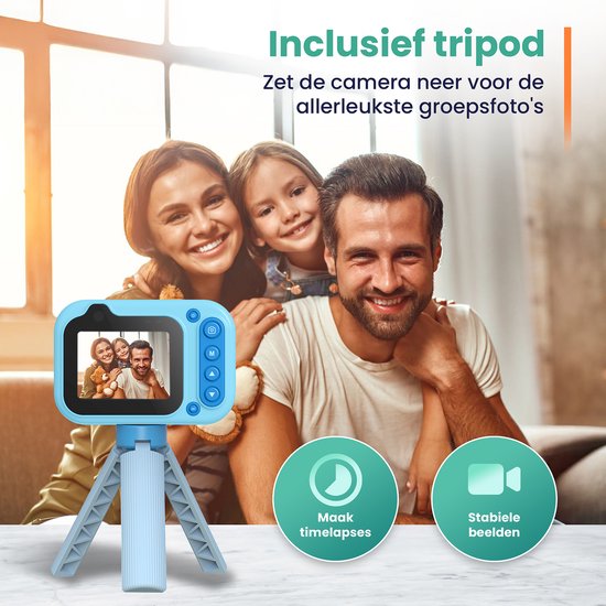 ODESSEY Waterdichte Kindercamera - met Tripod - Full HD - Selfie Camera - 32GB SD Kaart - Foto - Video - Spelletjes - Digitale Camera Kinderen - Fototoestel voor kinderen - Blauw