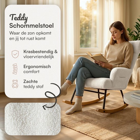 Flowsense Schommelstoel Teddy Wit - Schommelstoel Volwassenen Baby - Voedingsstoel Stoel Babykamer - Fauteuil met Armleuning Design - Relaxstoel - Relaxfauteuil