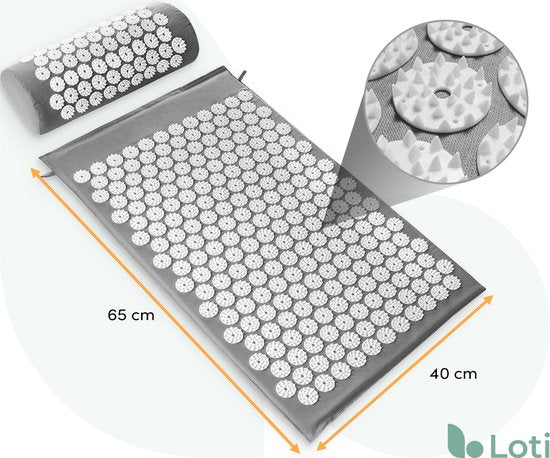 Loti Spijkermat met Spijkerkussen – Grijs/Wit – Acupressuur Mat - Spijkerbed - Acupunctuur Kussen - Shakti Massage – Incl. Draagtas
