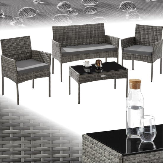 tectake® - Wicker tuinset Palese - Zitgroep voor 4 personen - Tuinmeubelset met loungebank, tuintafel en 2 tuinstoelen inclusief zitkussens - Tuinmeubelen - Waterafstotend - Grijs