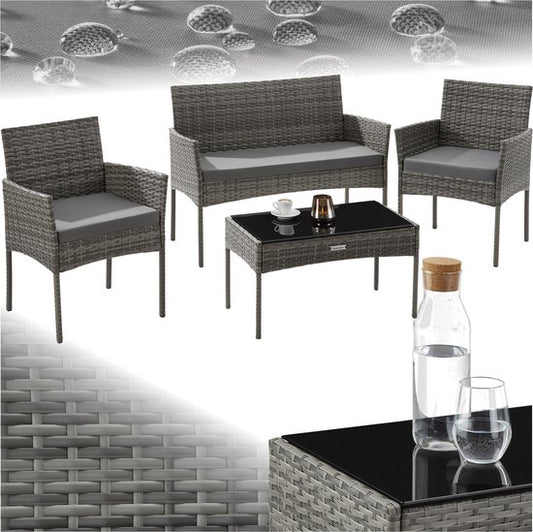 tectake® - Wicker tuinset Palese - Zitgroep voor 4 personen - Tuinmeubelset met loungebank, tuintafel en 2 tuinstoelen inclusief zitkussens - Tuinmeubelen - Waterafstotend - Grijs