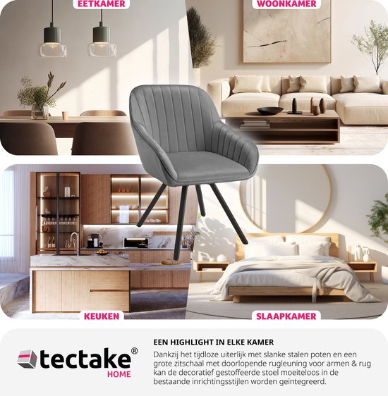 tectake® - Draaibare eetkamerstoel met armleuningen - Ergonomische kuipstoel met fluwelen bekleding - Gewatteerd - Draaistoel voor woonkamer, eettafel, studeerkamer, kaptafel en keuken - Grijs