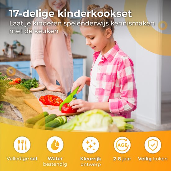 Nuvance - Kindermessenset - 17-Delige Kookset - Kiddikutter - Kinderbestek met Snijplank, Schilmesje, Kindermes, Frietsnijder & Kookschort - Kiddicutter - Koken voor Kinderen - Keukengerei