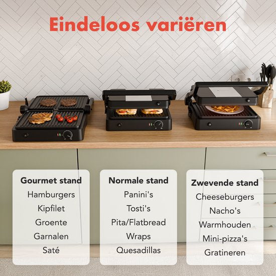 KitchenBrothers Contactgrill - Grill Apparaat - Uitneembare Grillplaten - Panini Grill - 3 hoogtestanden - Tosti ijzer - 2000W - Zwart