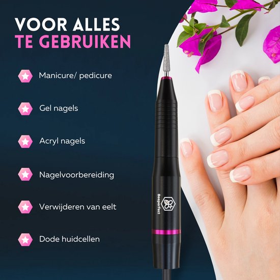 Beeperfect® Elektrische Nagelvijl - Nagelfrees - Manicure en Pedicure set - 12 Bitjes en 60 Schuurrolletjes - 4 Extra accessoires - Zwart