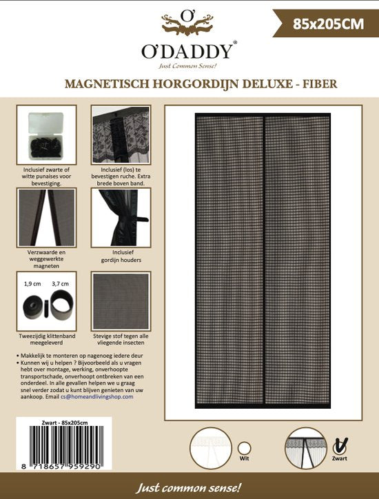 O'DADDY Deurgordijn Deluxe FIBER - Magnetisch Vliegengordijn - Voor Nieuwbouw en Standaard Deuren - Eenvoudige Installatie - Zwarte Hor - 85x205 cm