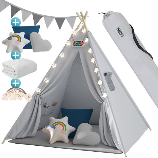 Spielwerk Speeltent – LED 3 Kussens Spanschroef 130x130x160cm - Grijs