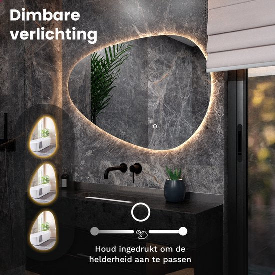 Mirlux Badkamerspiegel met LED Verlichting – Asymmetrisch - Organisch Wandspiegels – Anti Condens Douchespiegel - Wandspiegel 120x75CM