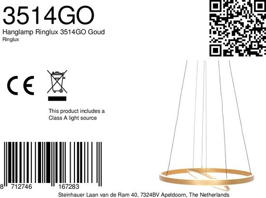 Steinhauer - hanglamp - Ringlux - goud - glas metaal - Ø 60cm - LED - 3514GO