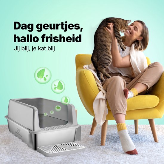 Jake and Jacky RVS Kattenbak - Kattentoilet Roestvrijstaal - Open Kattenbak - Incl. Kattenbakschep met Houder en Gritopvang Opstapje - 60x40x30cm
