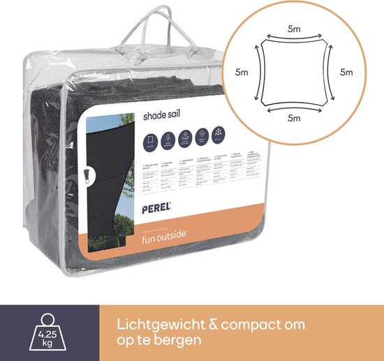 Perel Schaduwdoek, waterdoorlatend, luchtdoorlatend, 5 x 5 m, 180 g/m², HDPE, vierkant, donkergrijs