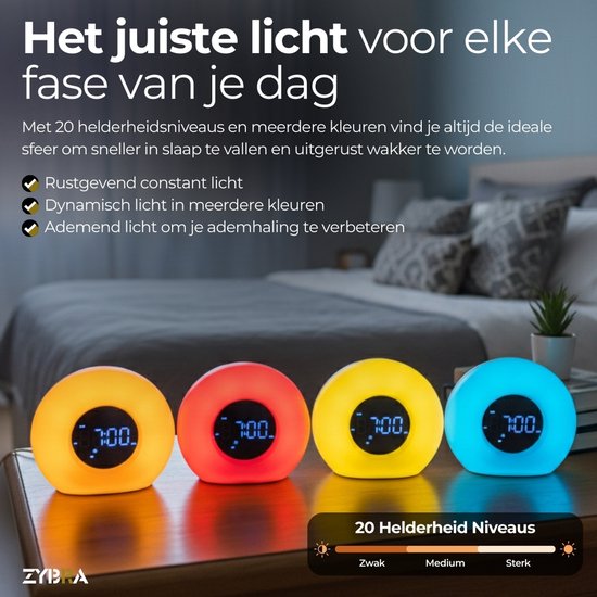 Zybra® Premium Wake Up Light - Digitale Wekker - Lichtwekker - Nachtlampje - Wekker - 20 Helderheid niveaus - 25 White Noise geluiden - Incl. Nederlandse handleiding