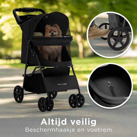 TrevoPet® Inklapbare Hondenbuggy - Voor Kleine en Middelgrote Honden tot 15 kg - Wandelwagen met Bekerhouder & Grote Opbergmand - Zwart