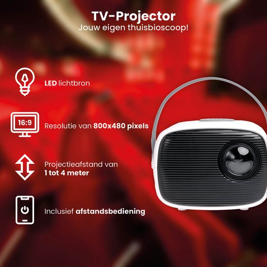 QLT TV Projector – Mini Beamer met LED Lichtbron – Resolutie 800 x 480 Pixels – 16:9 – Projectieafstand 1 tot 4 Meter – Met Afstandsbediening - Wit