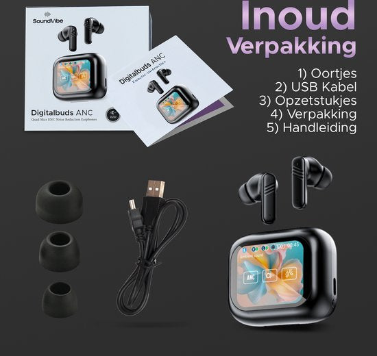 SoundVibe® - Earbuds Draadloos Met Noice Cancelling - Zwart - Bluetooth Oordopjes - Noice Cancelling Hoofdtelefoon - LX-10 Earpods met Scherm - Werkt Met Apple En Android - Earpods USB C - Wireless Earphons - Oortjes Draadloos