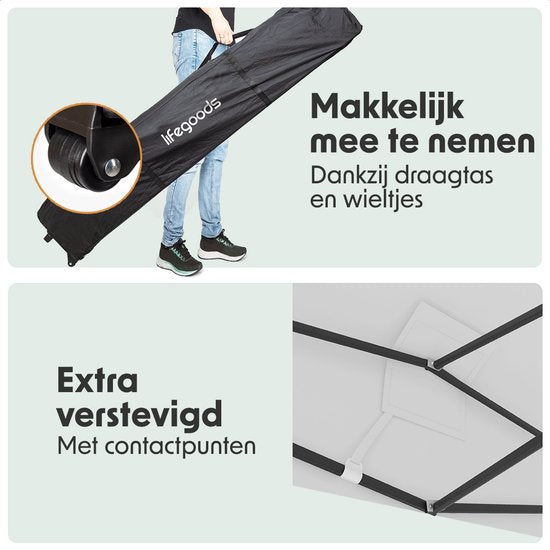 LifeGoods Partytent - Paviljoen - 3x4.5 m - Zijwanden - Easy Up - Opvouwbaar - Waterdicht - Draagtas met Wieltjes - Wit