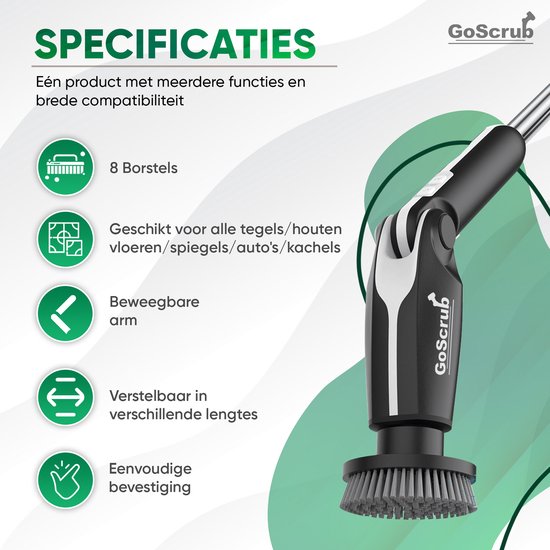 GoScrub® Elektrische Schoonmaakborstel Met Steel – Hero V1 – Zwart – 8 Opzetstukken