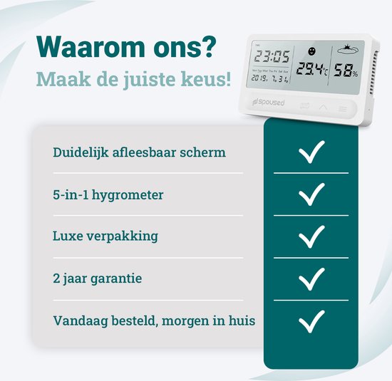 Spoused Digitale Hygrometer - Thermometer voor binnen - Luchtvochtigheidsmeter - Weerstation - Wit