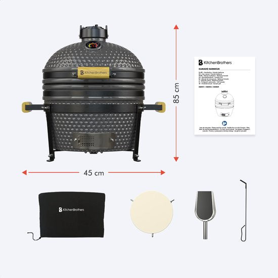 KitchenBrothers Kamado BBQ - 16 Inch Houtskool Barbecue - 34⌀ cm - PFAS-vrij - Deluxe Set - Egg BBQ met Accessoires - Grijs