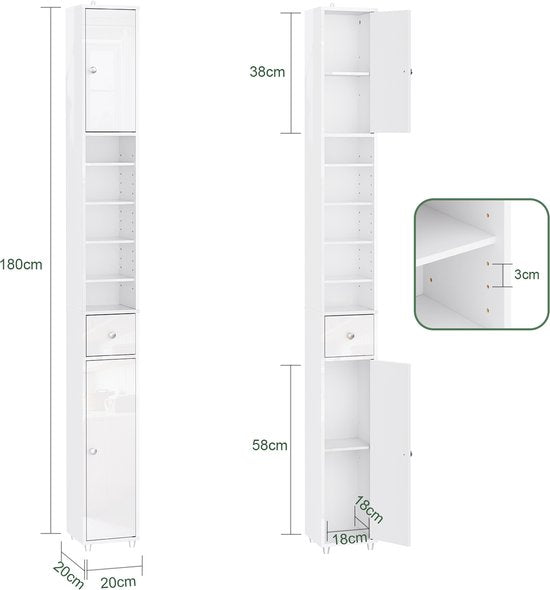 SoBuy BZR167-GW Hoge Badkamerkast - Pearl White Houtcomposiet met Lade