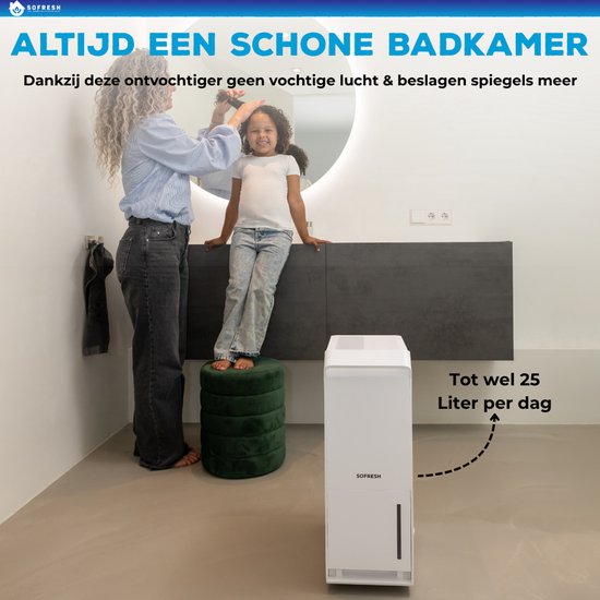 Sofresh luchtontvochtiger 25 Liter per dag - Ontvochtiger en Dehumidifier voor Kelder, Badkamer, Zolder en woonkamer - Wit