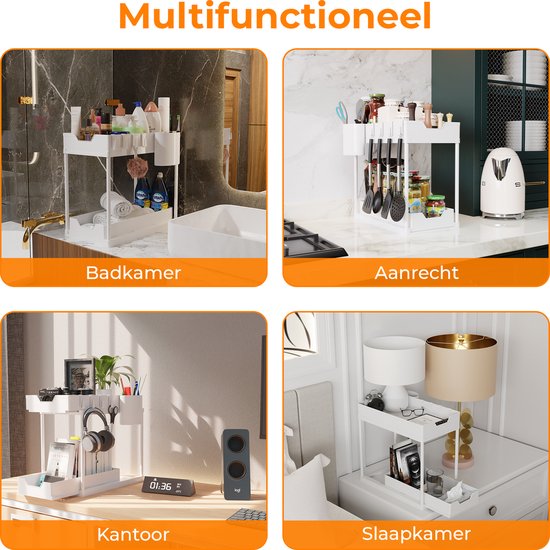 Posity Gootsteenkast Organizer - Keukenkastje Organizer - Schuiflade - Kast Organizer - Badkamer Organizer - Aanrecht Organiser - 2 Uitschuifbare Lades - Wit