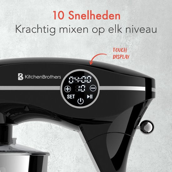 KitchenBrothers Keukenrobot - Touch Display en Timer - Keukenrobot - 6,2L - 1800W - Keukenmixer - Aluminium - Zwart