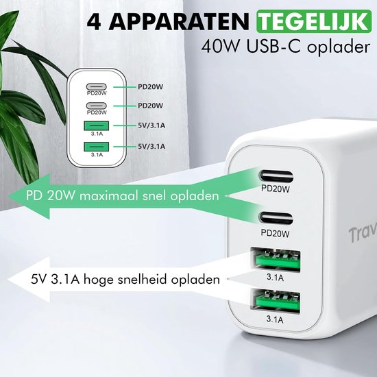 Travelhawk USB-C Oplader - Geschikt voor iPhone - Snellader - PD 40W - Wit
