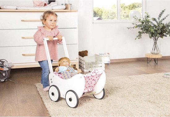 Pinolino Houten Poppenwagen "Trixi" - Schattige en Duurzame Wieg – Massief Beukenhout met Dekbed 'Hartjes' - wit