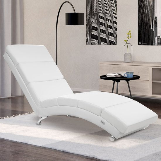 Casaria Relax ligstoel London wit leer met verchroomde pootjes