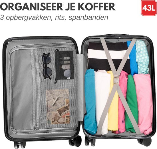 VAIVE Handbagage Koffer Met Voorvak - 43L Koffer - Lichtgewicht Trolley - Zwart