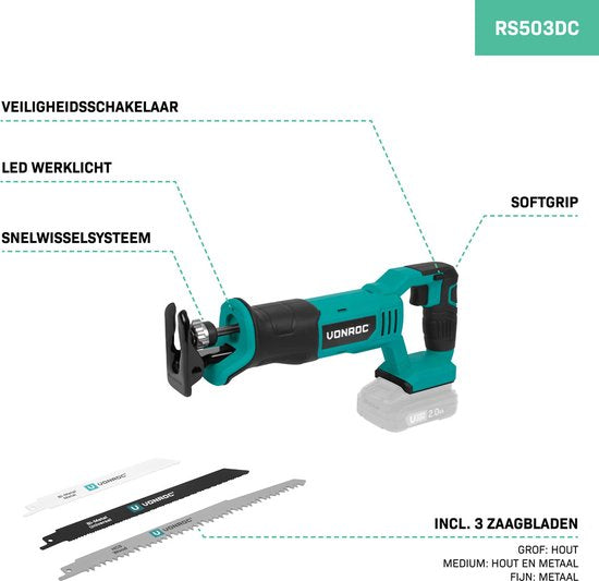 VONROC Accu Reciprozaag 20V - Incl. 3 Zaagbladen - Excl. Accu en snellader