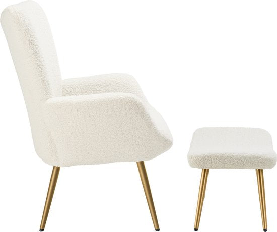 tectake® Oorfauteuil in Scandinavische stijl - Met hocker - Teddystoel Hygge - Stoel voor woonkamer, slaapkamer - Loungefauteuil - Goud metalen poten - Draagvermogen tot 150 kg - Crème