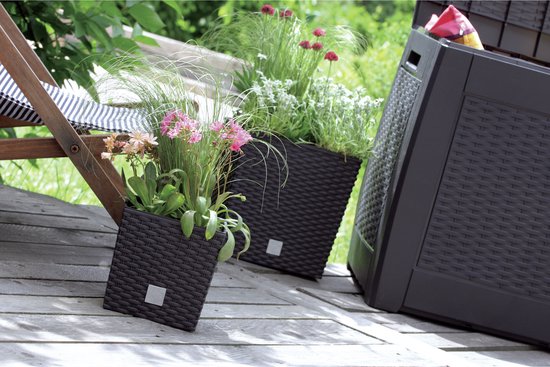 Prosperplast Bloempot/plantenpot Rato - rotan look - met binnenpot - antraciet - 40 x 40 x 41 cm - kunststof